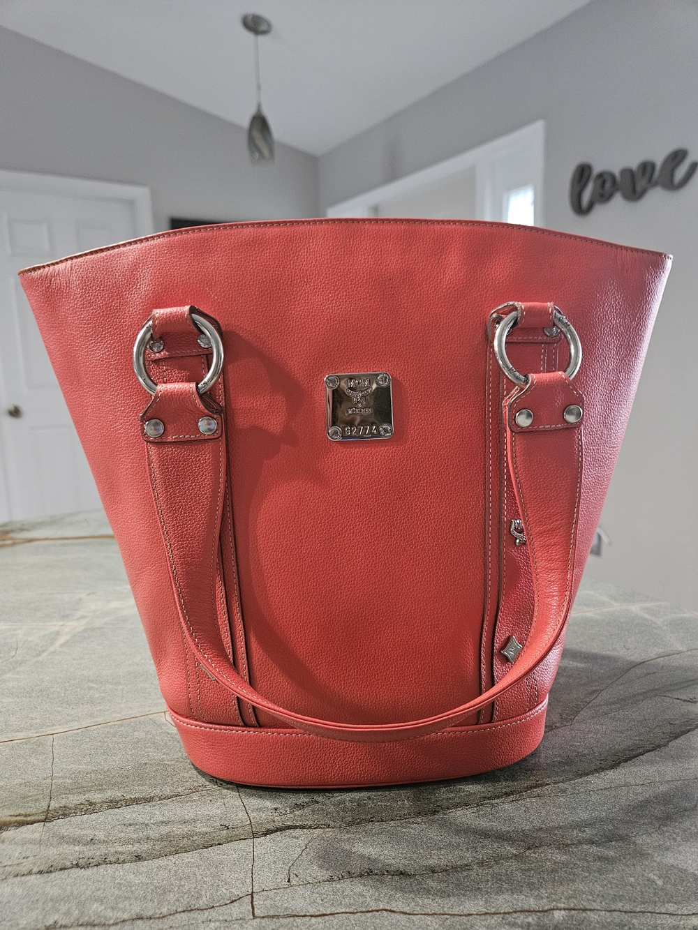 MCM Red/Coral Pebbled Leather Tote Bag – Good Used Condition – Rare Color